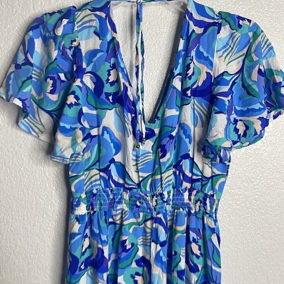 Abel The Label Anthropologie Blue Boho Smocked V Neck Maxi Dress Small Dress Up - Picture 11 of 11